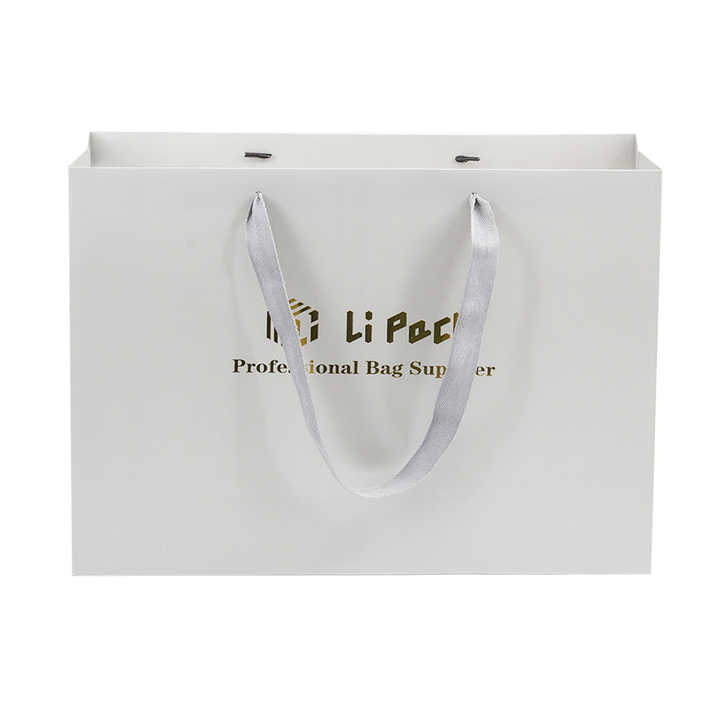 White Shopping Paper Bags for Boutique Retail Logo Print with Gold Stamp And Ribbon Handles