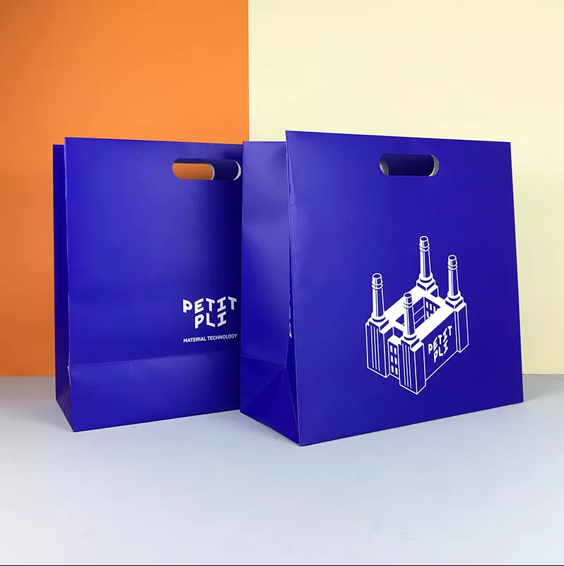 Custom Blue Tote Sopping Bags Bulk for Paper Packaging with Cut Handle